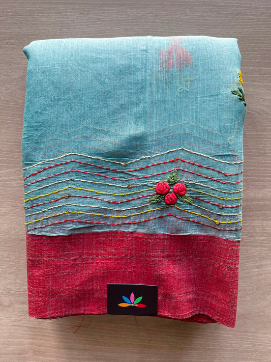 Sky Blue Hand Embroidered Parsi Work Cotton Saree - 33918