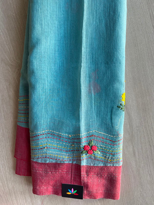Sky Blue Hand Embroidered Parsi Work Cotton Saree - 33918