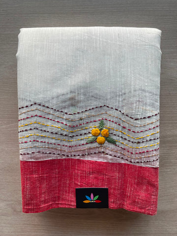 White Hand Embroidered Parsi Work Cotton Saree - 33919