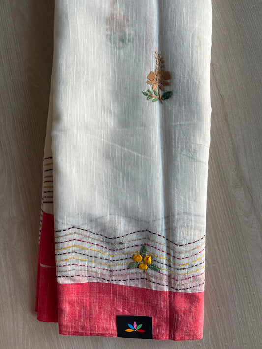 White Hand Embroidered Parsi Work Cotton Saree - 33919