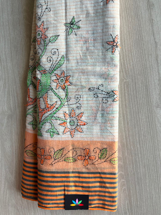 Off White Kantha Stitch Cotton Saree (Without Blouse) - 33921