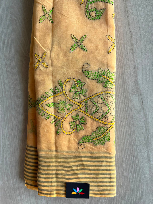 Wheat Gold Shade Kantha Stitch Cotton Saree (Without Blouse) - 33922