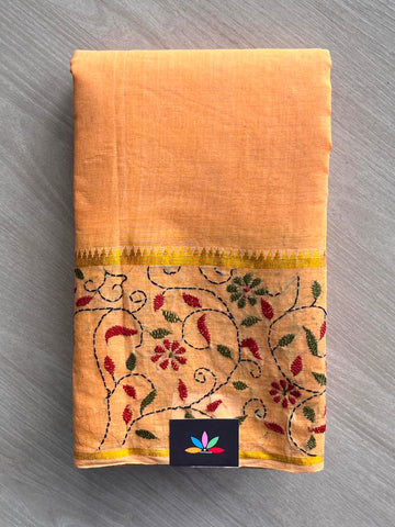 Pastel Orange Kantha Stitch Cotton Saree (Without Blouse) - 33923