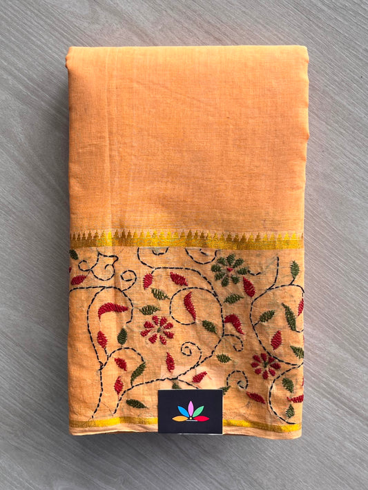 Pastel Orange Kantha Stitch Cotton Saree (Without Blouse) - 33923