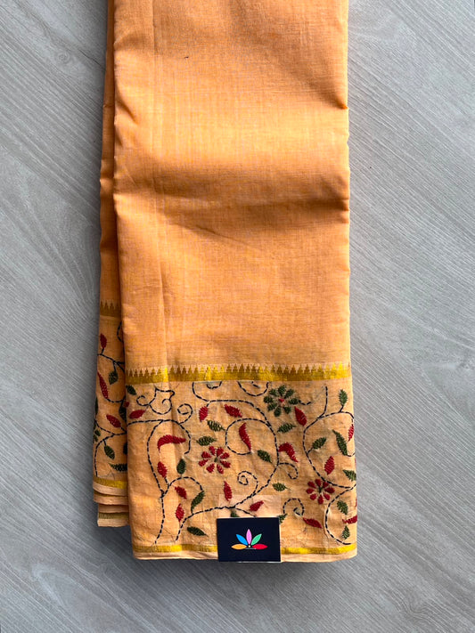 Pastel Orange Kantha Stitch Cotton Saree (Without Blouse) - 33923