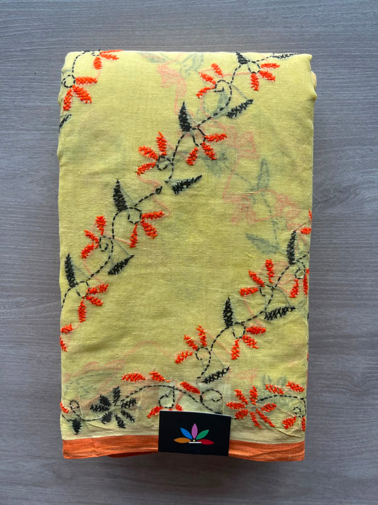 Pastel Yellow Kantha Stitch Cotton Saree (Without Blouse) - 33924