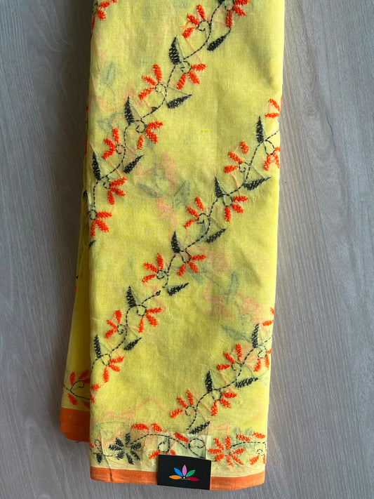 Pastel Yellow Kantha Stitch Cotton Saree (Without Blouse) - 33924