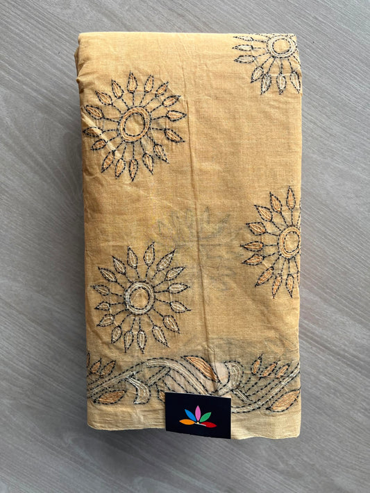 Wheat Gold Shade Kantha Stitch Cotton Saree (Without Blouse) - 33925