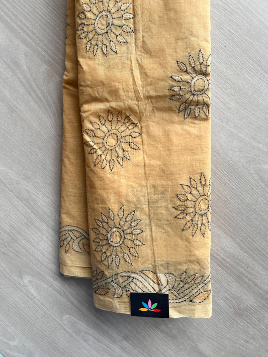 Wheat Gold Shade Kantha Stitch Cotton Saree (Without Blouse) - 33925