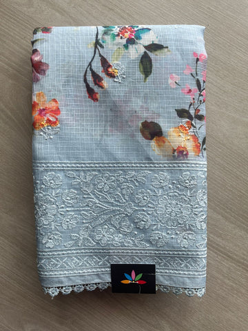 Steel Gray Floral Design Embroidered Kota Silk Saree-18569