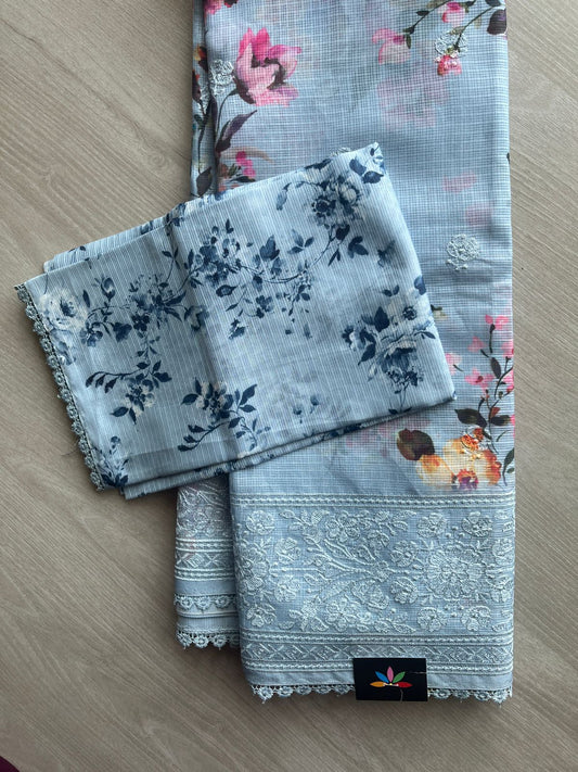 Steel Gray Floral Design Embroidered Kota Silk Saree-18569