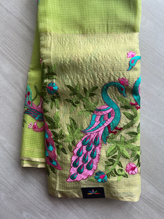 Parrot Green Exclusive Bird Border Embroidery Kota Saree-22731