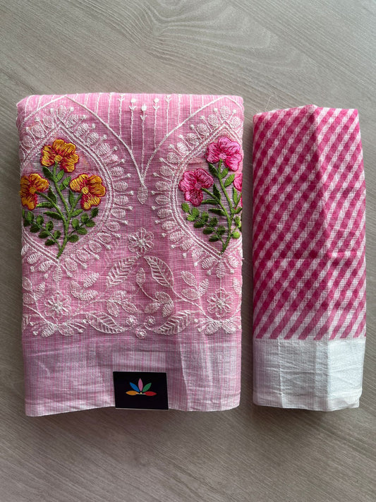 Soft Pink Embroidered Printed Kota Saree with Contrast Blouse-22748