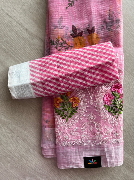Soft Pink Embroidered Printed Kota Saree with Contrast Blouse-22748