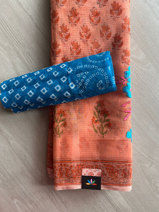 Embroidered Printed Kota Saree with Contrast Blouse-26742