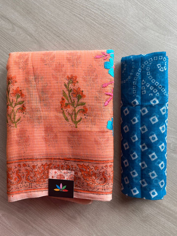 Embroidered Printed Kota Saree with Contrast Blouse-26742