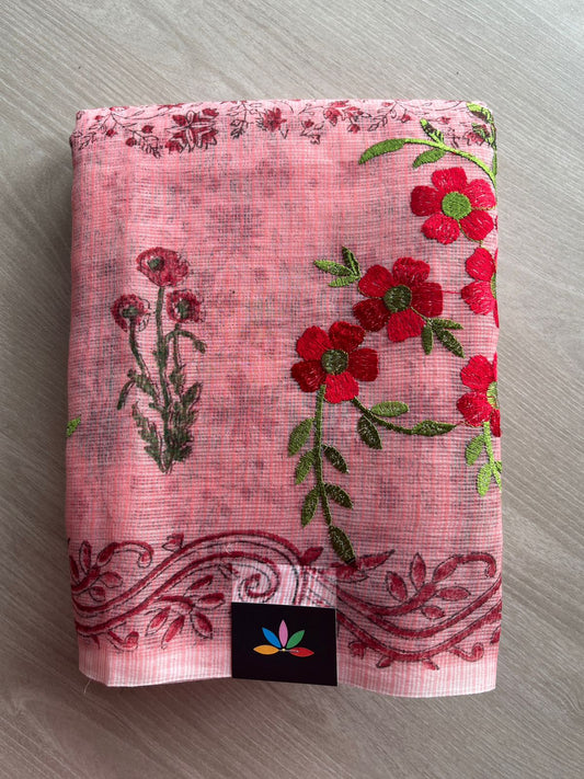 Embroidered Printed Kota Saree with Contrast Blouse-26744