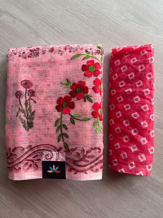 Embroidered Printed Kota Saree with Contrast Blouse-26744