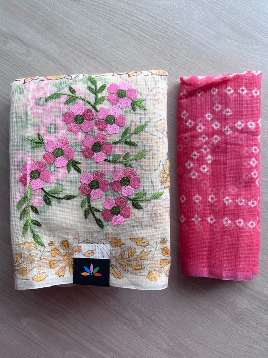 Embroidered Printed Kota Saree with Contrast Blouse-26745