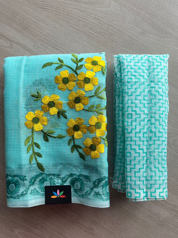 Sky Blue Embroidered Printed Kota Saree with Contrast Blouse-26746