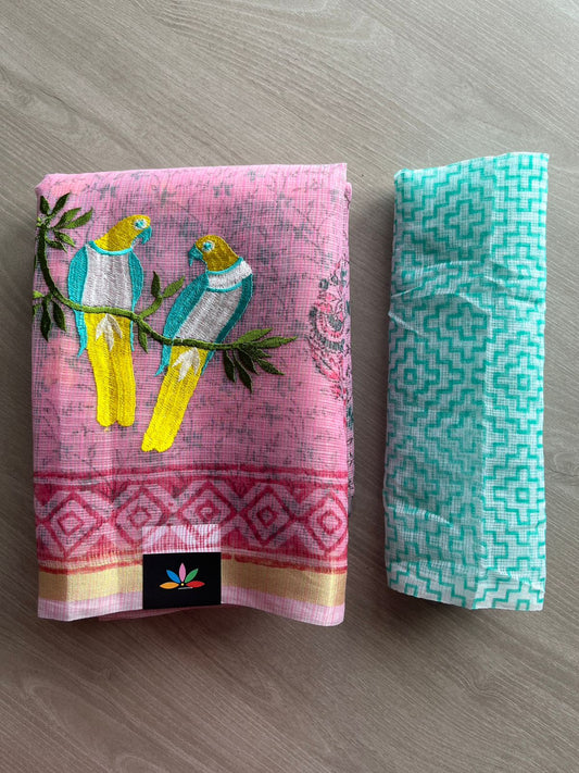 Embroidered Printed Kota Saree with Contrast Blouse-26747