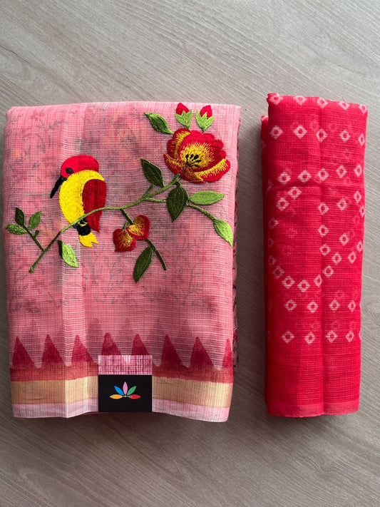 Embroidered Printed Kota Saree with Contrast Blouse-26748