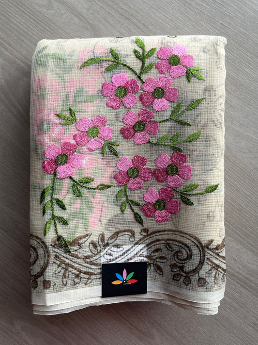 Embroidered Printed Kota Saree with Contrast Blouse-26749