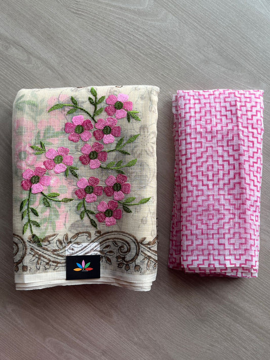 Embroidered Printed Kota Saree with Contrast Blouse-26749