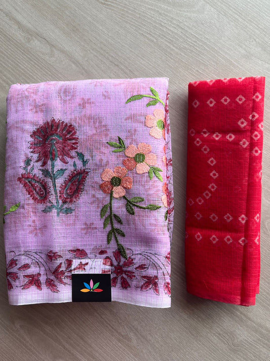 Embroidered Printed Kota Saree with Contrast Blouse-26751