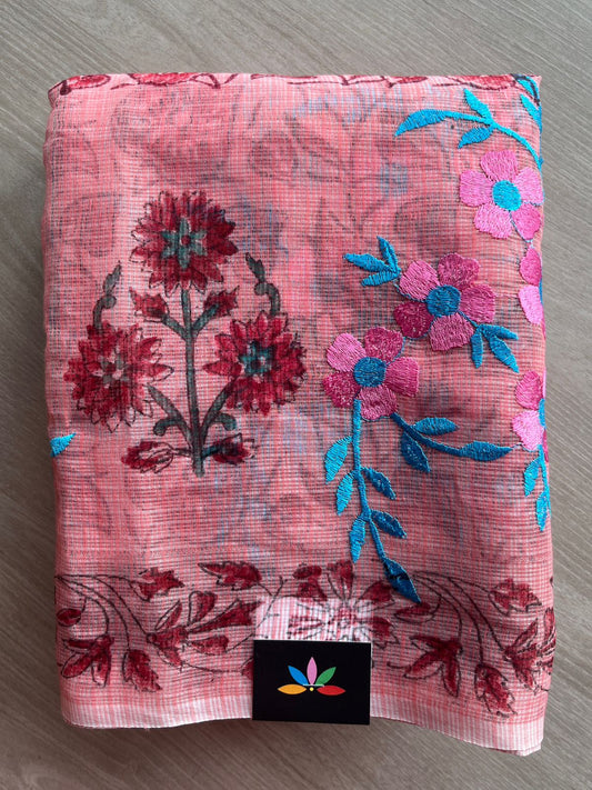 Embroidered Printed Kota Saree with Contrast Blouse-26752