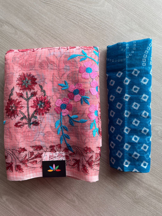 Embroidered Printed Kota Saree with Contrast Blouse-26752