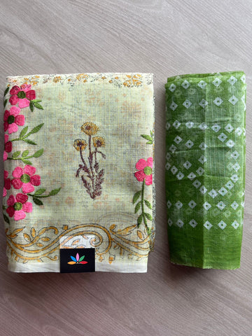 Light Pastel Green Embroidered Printed Kota Saree with Contrast Blouse-26753