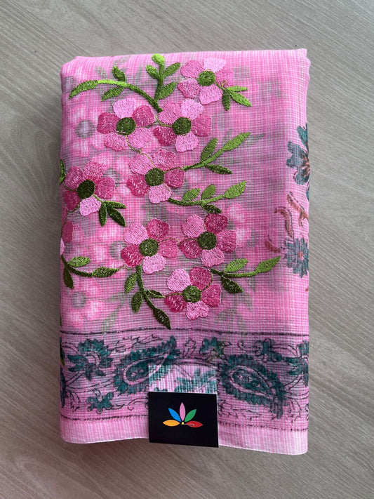 Embroidered Printed Kota Saree with Contrast Blouse-26754