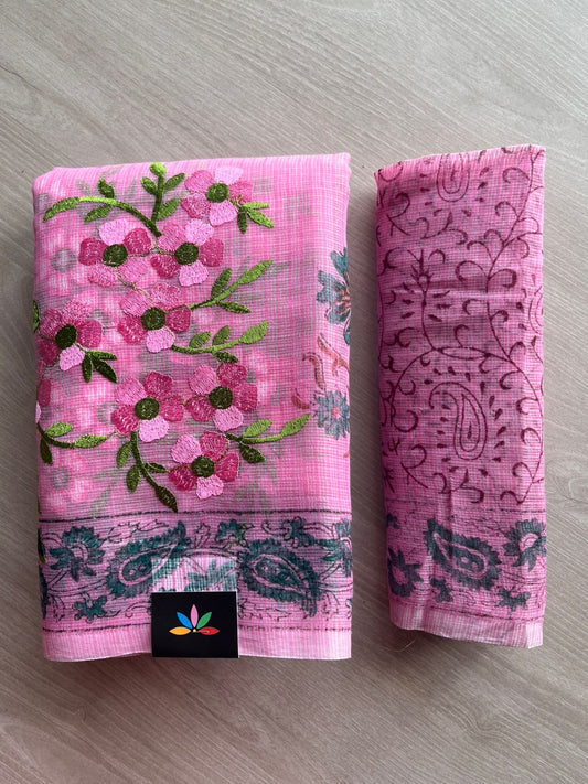 Embroidered Printed Kota Saree with Contrast Blouse-26754