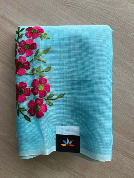 Simple Embroidery Kota Saree with Contrast Blouse-27320