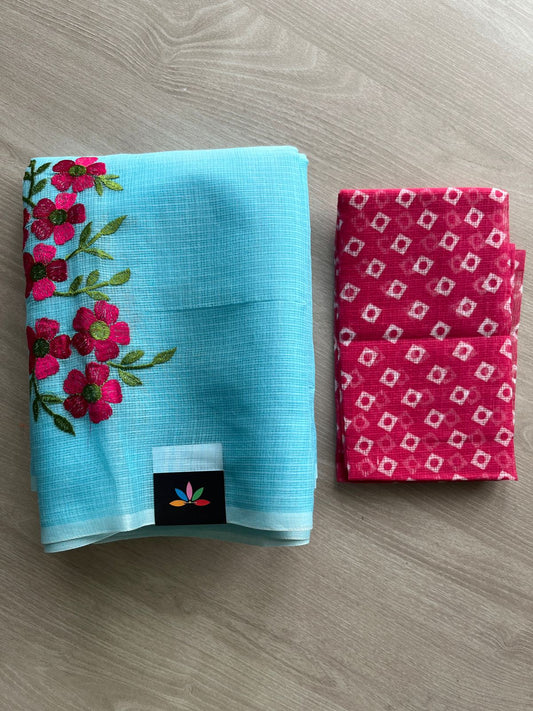 Simple Embroidery Kota Saree with Contrast Blouse-27320