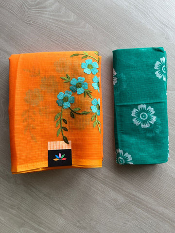 Simple Embroidery Kota Saree with Contrast Blouse-27321