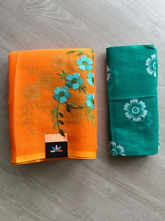 Simple Embroidery Kota Saree with Contrast Blouse-27321