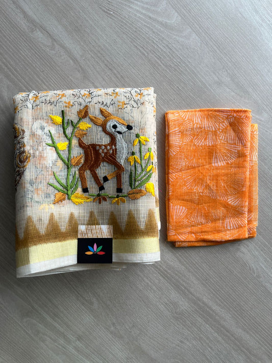 Embroidered Printed Kota Saree with Contrast Blouse-27326