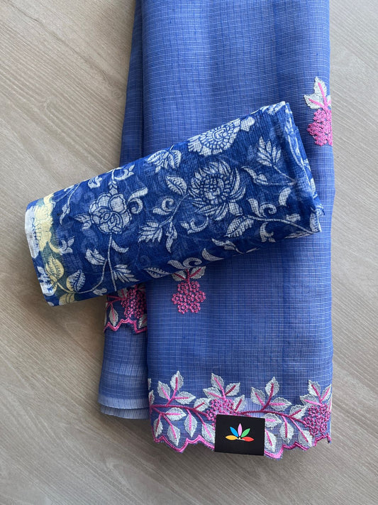 Royal Periwinkle Blue Cutwork Border Embroidered Kota Saree with Blouse-30992-30995