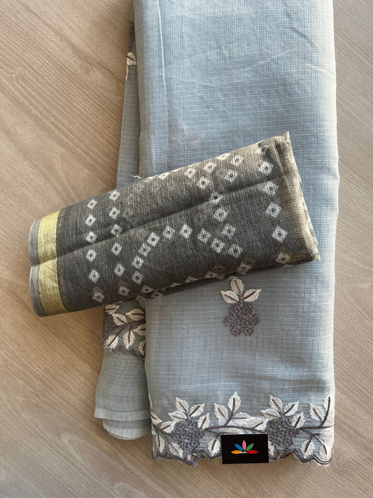 Silver Gray Cutwork Border Embroidered Kota Saree with Blouse-30946-30947
