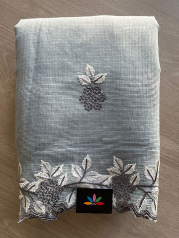 Silver Gray Cutwork Border Embroidered Kota Saree with Blouse-30946-30947