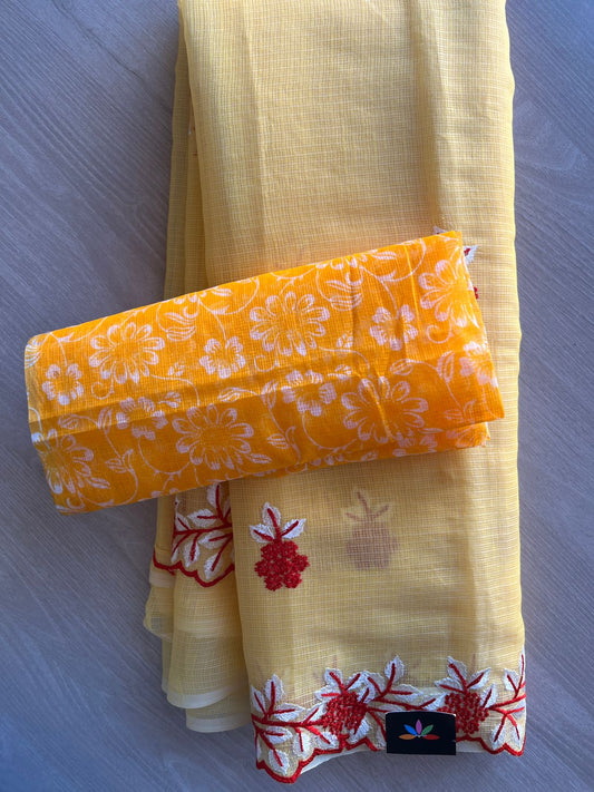 Light Mustard Yellow Cutwork Border Embroidered Kota Saree with Blouse-30950-30952