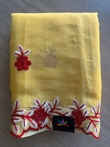 Light Mustard Yellow Cutwork Border Embroidered Kota Saree with Blouse-30950-30952
