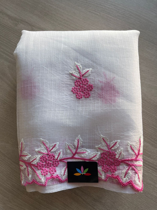 White Cutwork Border Embroidered Kota Saree with Blouse-30964