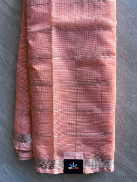 Peach Pink Classy Checked Kota Cotton Saree -30968