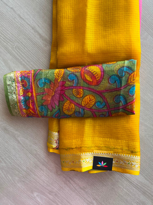 Small Border Kota Silk Saree with Digital Printed Pallu and Blouse - 34555