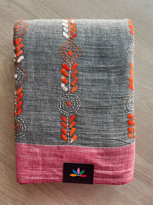 Steel Gray Kantha Stitch Cotton Saree - 33412