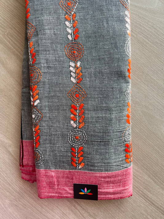 Steel Gray Kantha Stitch Cotton Saree - 33412