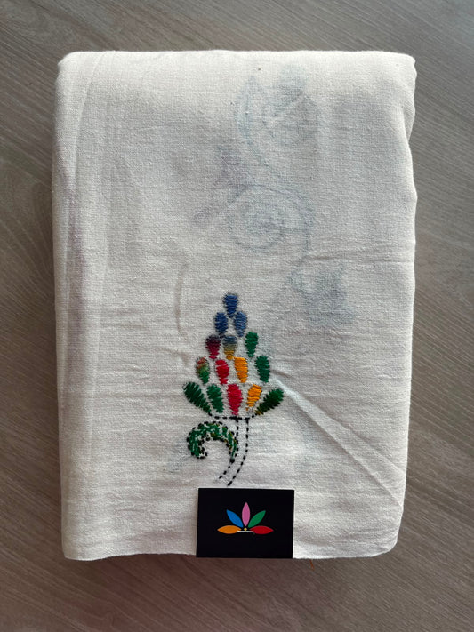 White Kantha Stitch Cotton Saree - 33413